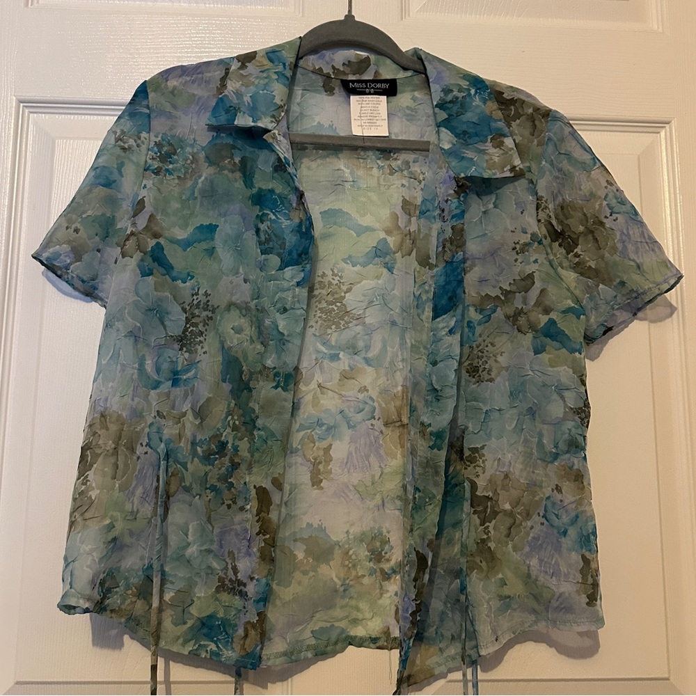 Vintage Miss Dorby Sheer Tie Blue and Green Floral Blouse